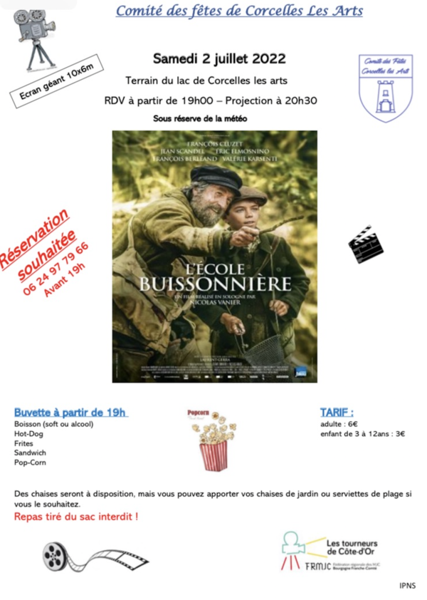 A noter sur vos agendas - Le 2 juillet, ciné plein air à Corcelles les Arts 