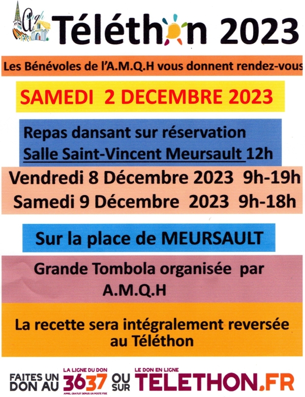 Meursault - Grande tombola et ventes de gaufres au profit du Téléthon 2023 les 8 et 9 décembre 