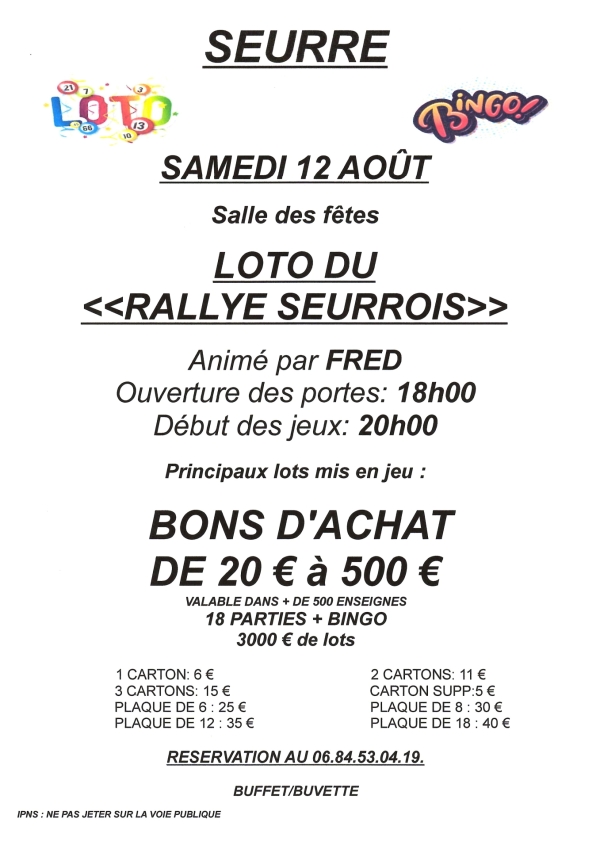 SEURRE - Loto du rallye seurrois samedi 12 août à la salle des Fêtes