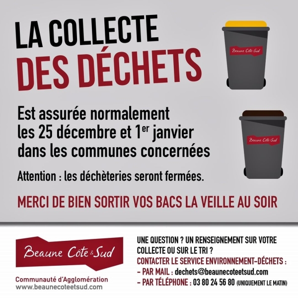 Collectes des déchets assurées les lundis 25 décembre et 1er janvier