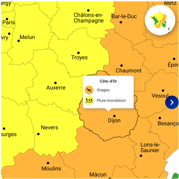 La Côte-d’Or en vigilance orange « Orages » dès 16 h, et jaune « Pluie inondation » à 20 h ce samedi 24 août