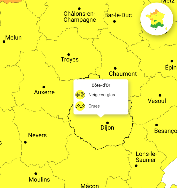 Double vigilance jaune en Côte-d’Or ce vendredi 10 janvier 2025 pour des risques de crues et neige-verglas