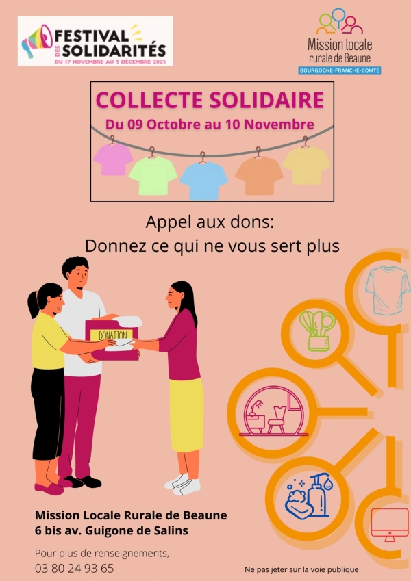 Festival des Solidarités - Collecte solidaire jusqu’au 10 novembre à la Mission Locale Rurale de Beaune