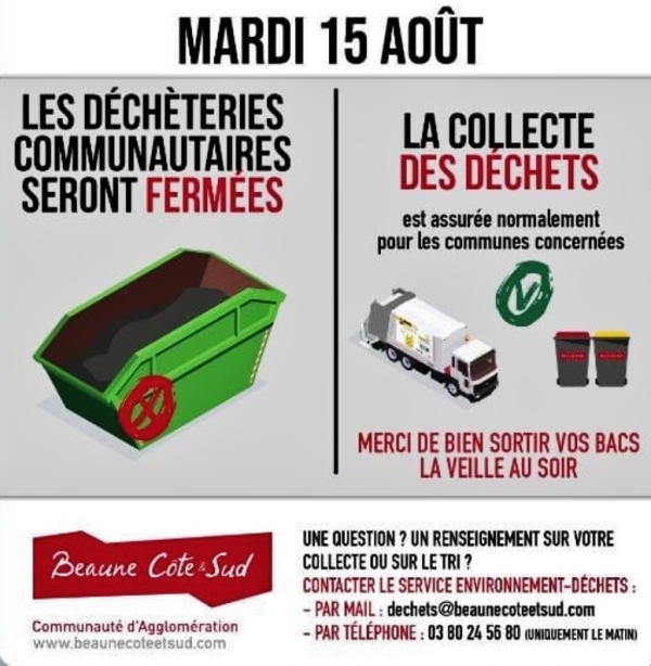 Collecte des déchets assurée normalement le mardi 15 août