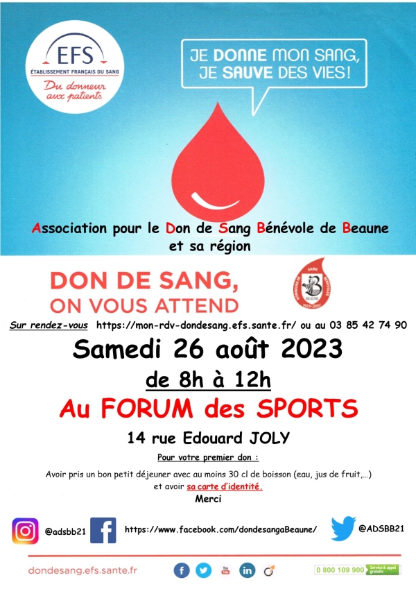 Association pour le Don de Sang Bénévole de Beaune et sa région - Prochaine collecte le samedi 26 août de 8 h à 12 h