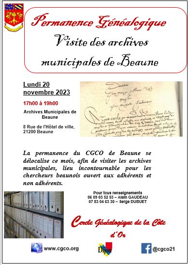 Antenne de Beaune – Visite des archives municipales de Beaune avec le Cercle Généalogique de Côte d’Or le lundi 20 novembre