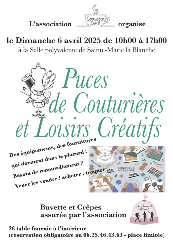 Sainte-Marie la Blanche - Puces de couturières et loisirs créatifs : une journée conviviale et solidaire le 6 avril