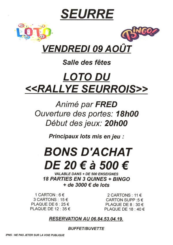 Seurre - Loto du « Rallye Seurrois » avec 3 000 € de gains le vendredi 9 août