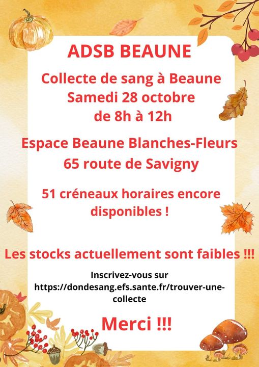 ADSB de Beaune - Nouvelle collecte de sang ce samedi 28 octobre 