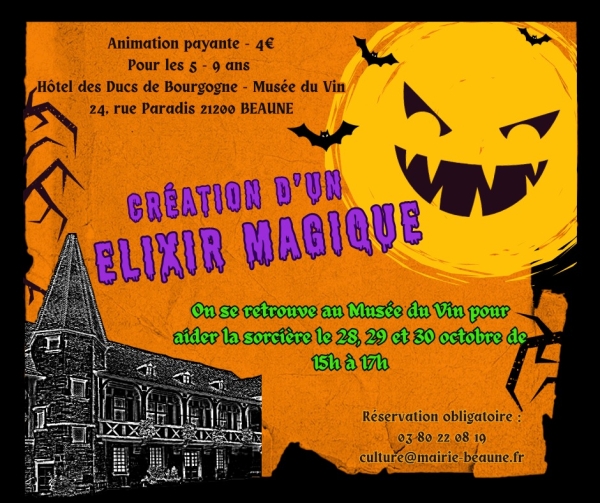 Beaune – Création d’un élixir magique pour aider la sorcière du Musée du Vin les 28, 29 ou 30 octobre 