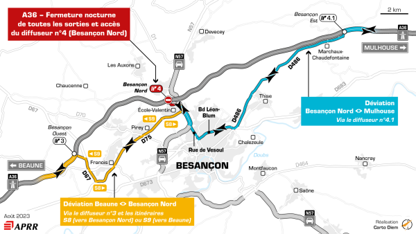 A36 fermetures du diffuseur de Besançon Nord pour travaux